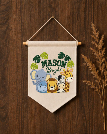 Personalized Safari Animal Wall Hanging, Custom Name Embroidered Banner, Jungle Nursery Decor, Baby Boy Room Gift, Zoo Animal Nursery Art