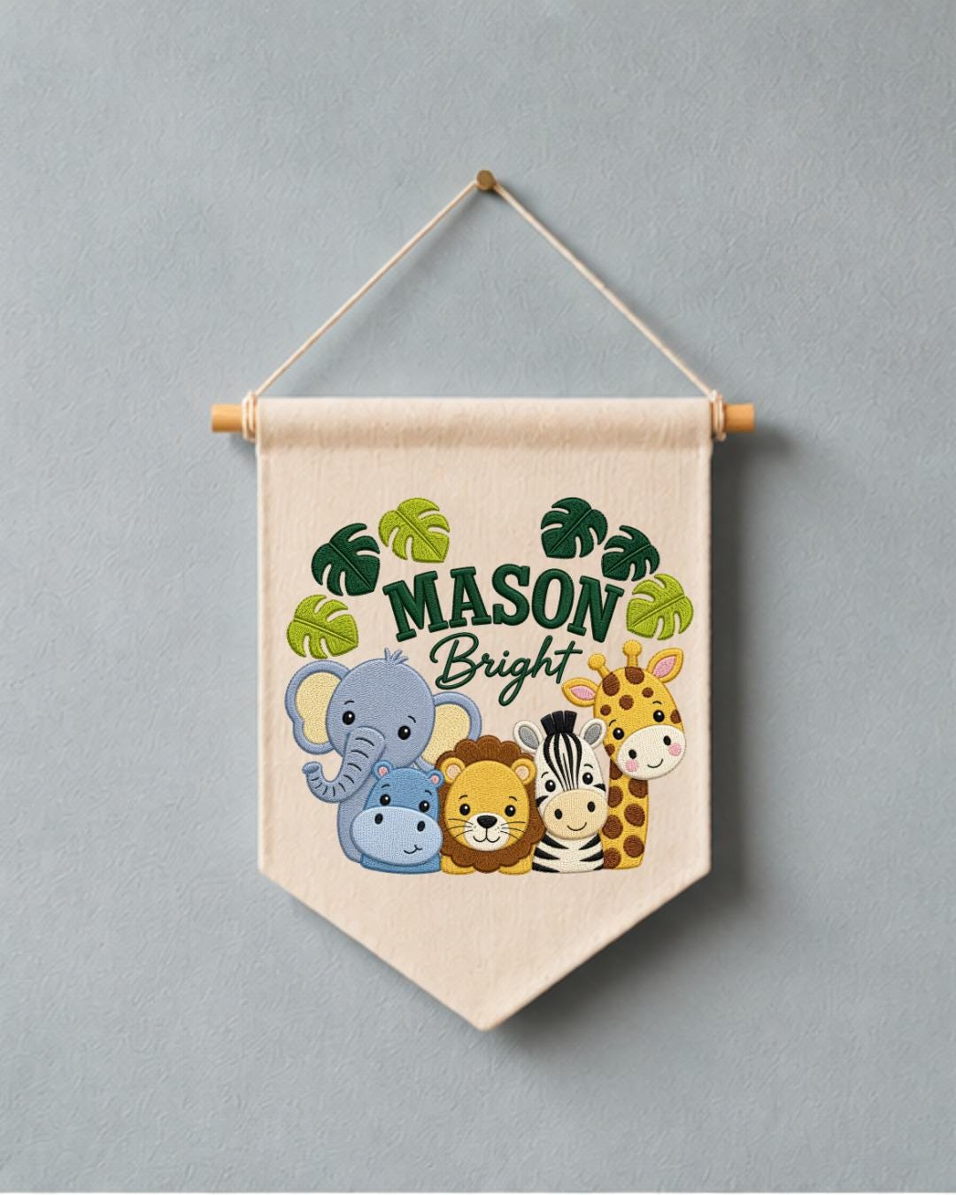 Personalized Safari Animal Wall Hanging, Custom Name Embroidered Banner, Jungle Nursery Decor, Baby Boy Room Gift, Zoo Animal Nursery Art
