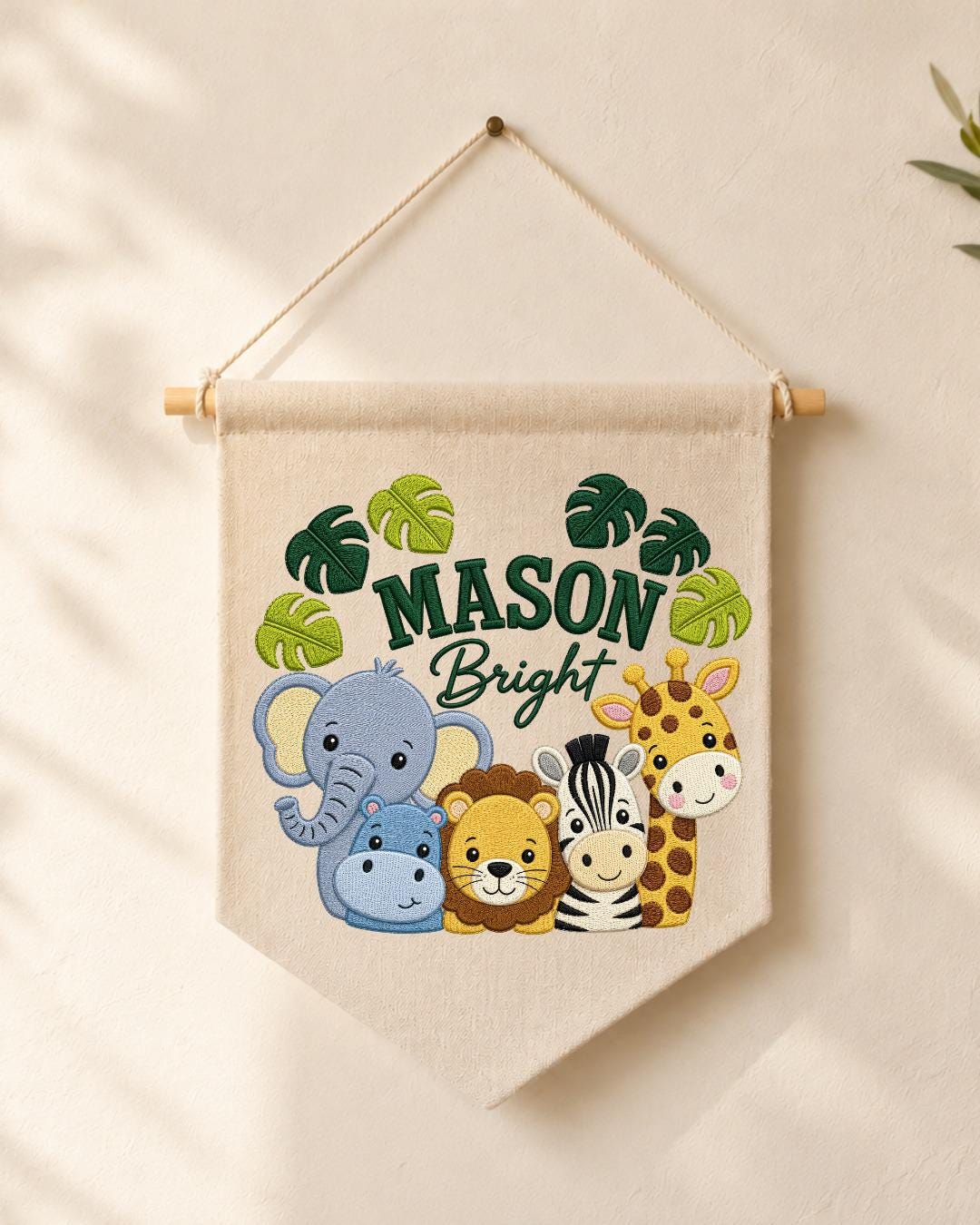 Personalized Safari Animal Wall Hanging, Custom Name Embroidered Banner, Jungle Nursery Decor, Baby Boy Room Gift, Zoo Animal Nursery Art