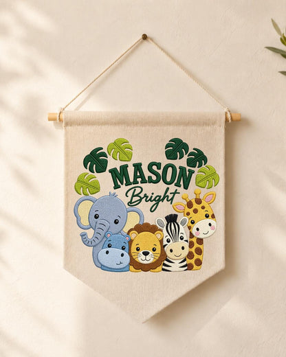 Personalized Safari Animal Wall Hanging, Custom Name Embroidered Banner, Jungle Nursery Decor, Baby Boy Room Gift, Zoo Animal Nursery Art