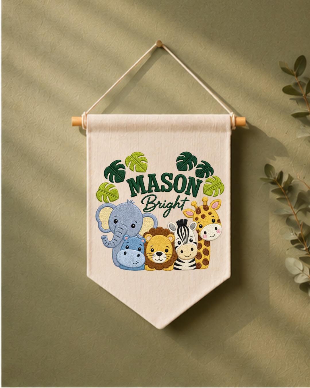 Personalized Safari Animal Wall Hanging, Custom Name Embroidered Banner, Jungle Nursery Decor, Baby Boy Room Gift, Zoo Animal Nursery Art