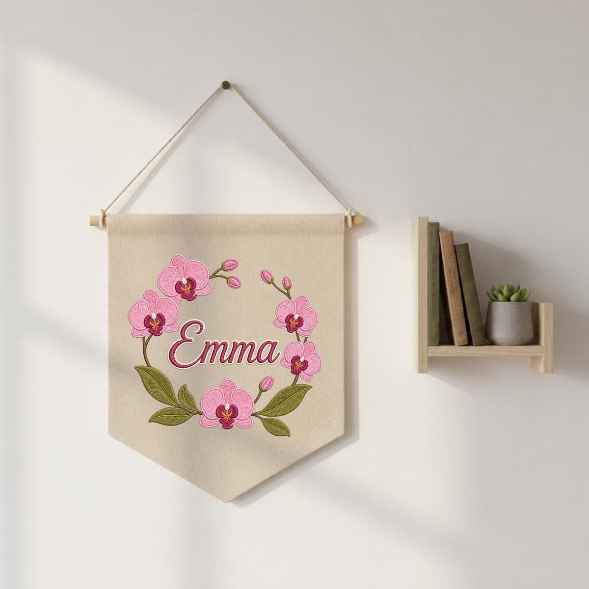 Personalized Embroidered Orchid Wreath Banner, Custom Name Nursery Decor