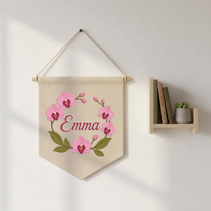 Personalized Embroidered Orchid Wreath Banner, Custom Name Nursery Decor