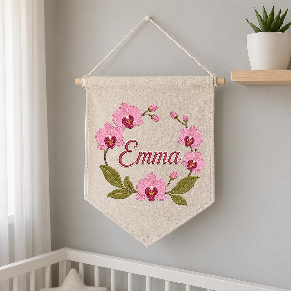 Personalized Embroidered Orchid Wreath Banner, Custom Name Nursery Decor