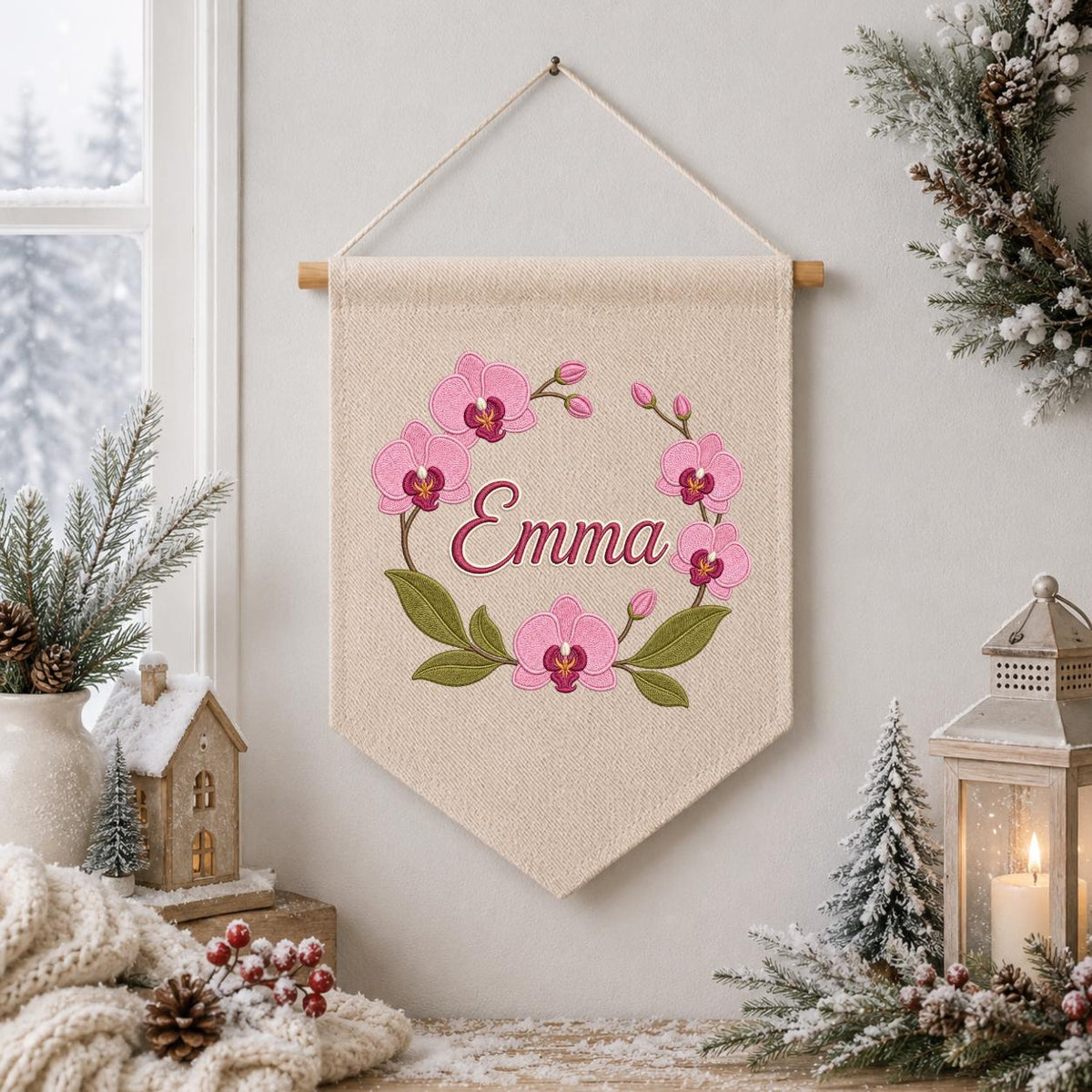 Personalized Embroidered Orchid Wreath Banner, Custom Name Nursery Decor