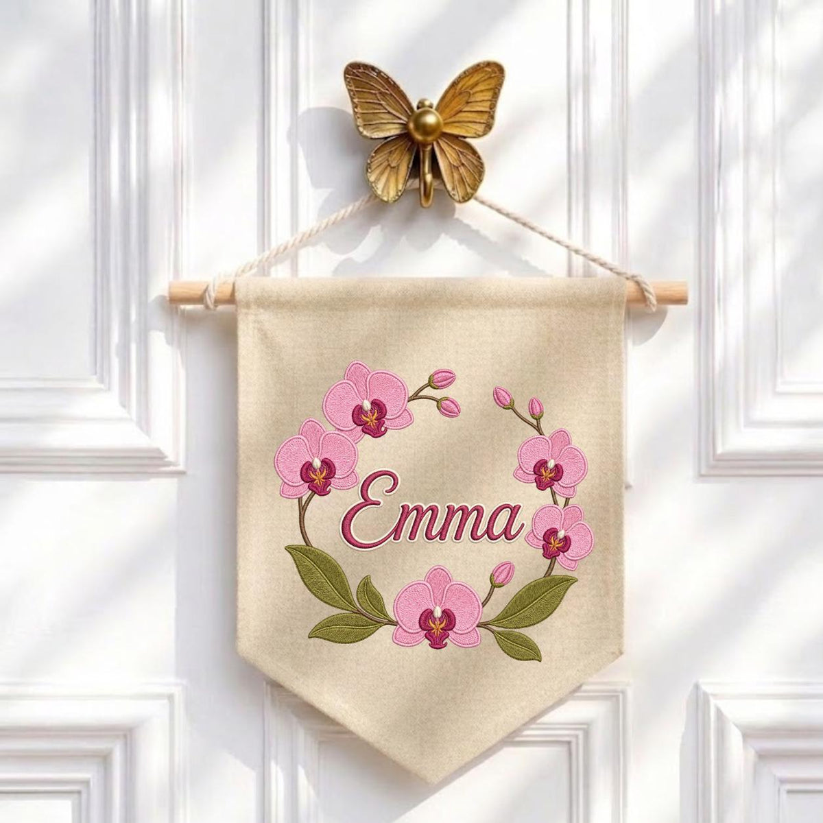 Personalized Embroidered Orchid Wreath Banner, Custom Name Nursery Decor