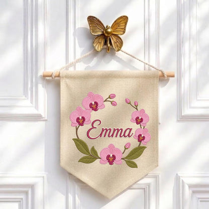 Personalized Embroidered Orchid Wreath Banner, Custom Name Nursery Decor