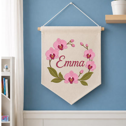 Personalized Embroidered Orchid Wreath Banner, Custom Name Nursery Decor
