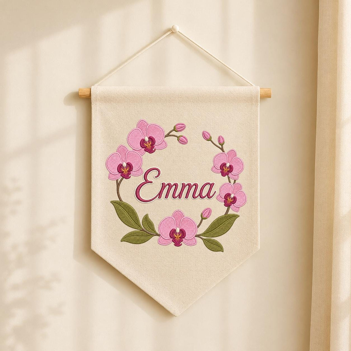 Personalized Embroidered Orchid Wreath Banner, Custom Name Nursery Decor