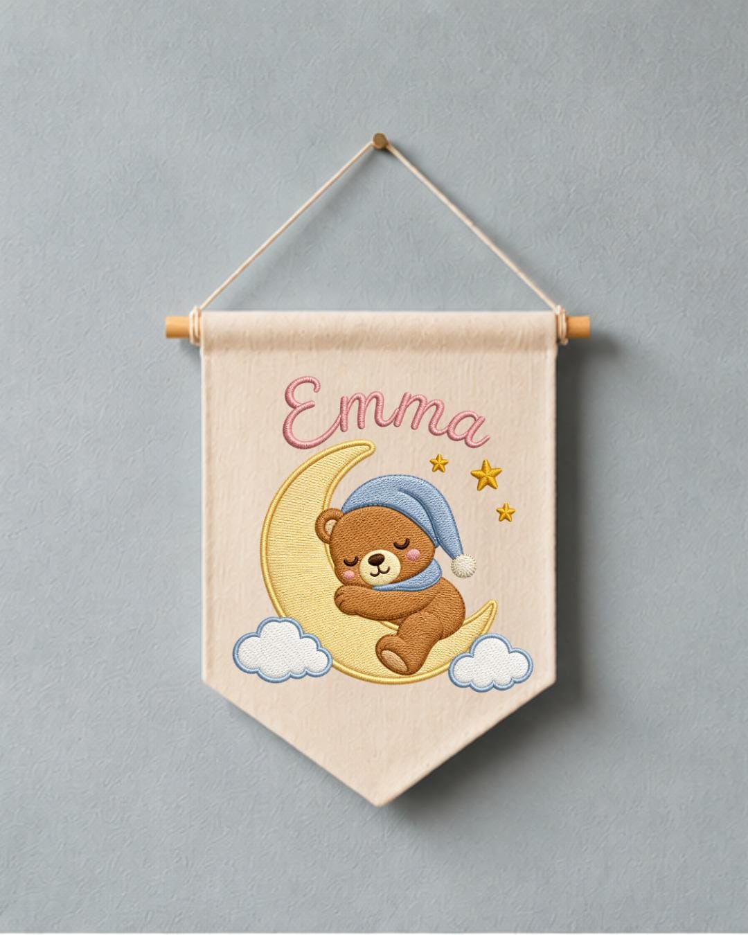 Personalized Bear Nursery Wall Hanging, Custom Name Embroidered Banner, Sleeping Bear Moon Nursery Decor, Baby Girl Room Gift