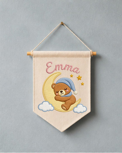 Personalized Bear Nursery Wall Hanging, Custom Name Embroidered Banner, Sleeping Bear Moon Nursery Decor, Baby Girl Room Gift