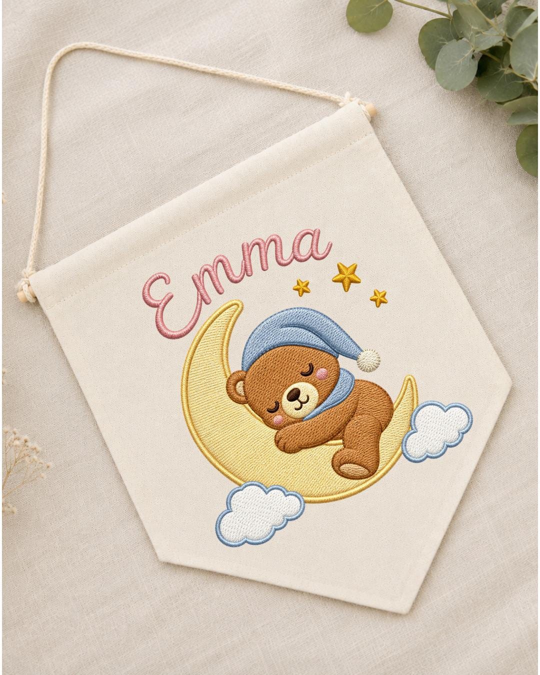 Personalized Bear Nursery Wall Hanging, Custom Name Embroidered Banner, Sleeping Bear Moon Nursery Decor, Baby Girl Room Gift