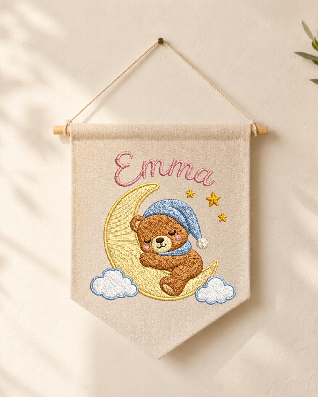 Personalized Bear Nursery Wall Hanging, Custom Name Embroidered Banner, Sleeping Bear Moon Nursery Decor, Baby Girl Room Gift