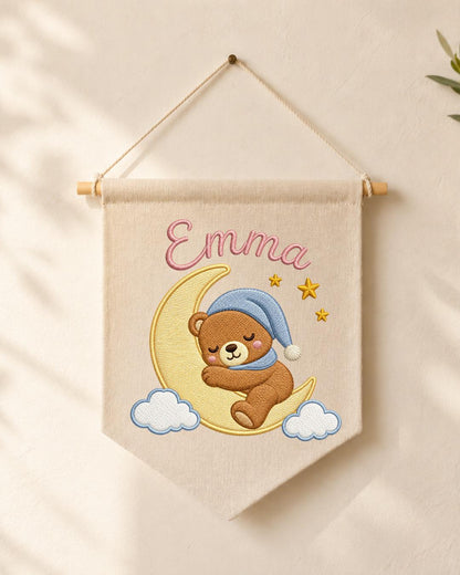 Personalized Bear Nursery Wall Hanging, Custom Name Embroidered Banner, Sleeping Bear Moon Nursery Decor, Baby Girl Room Gift
