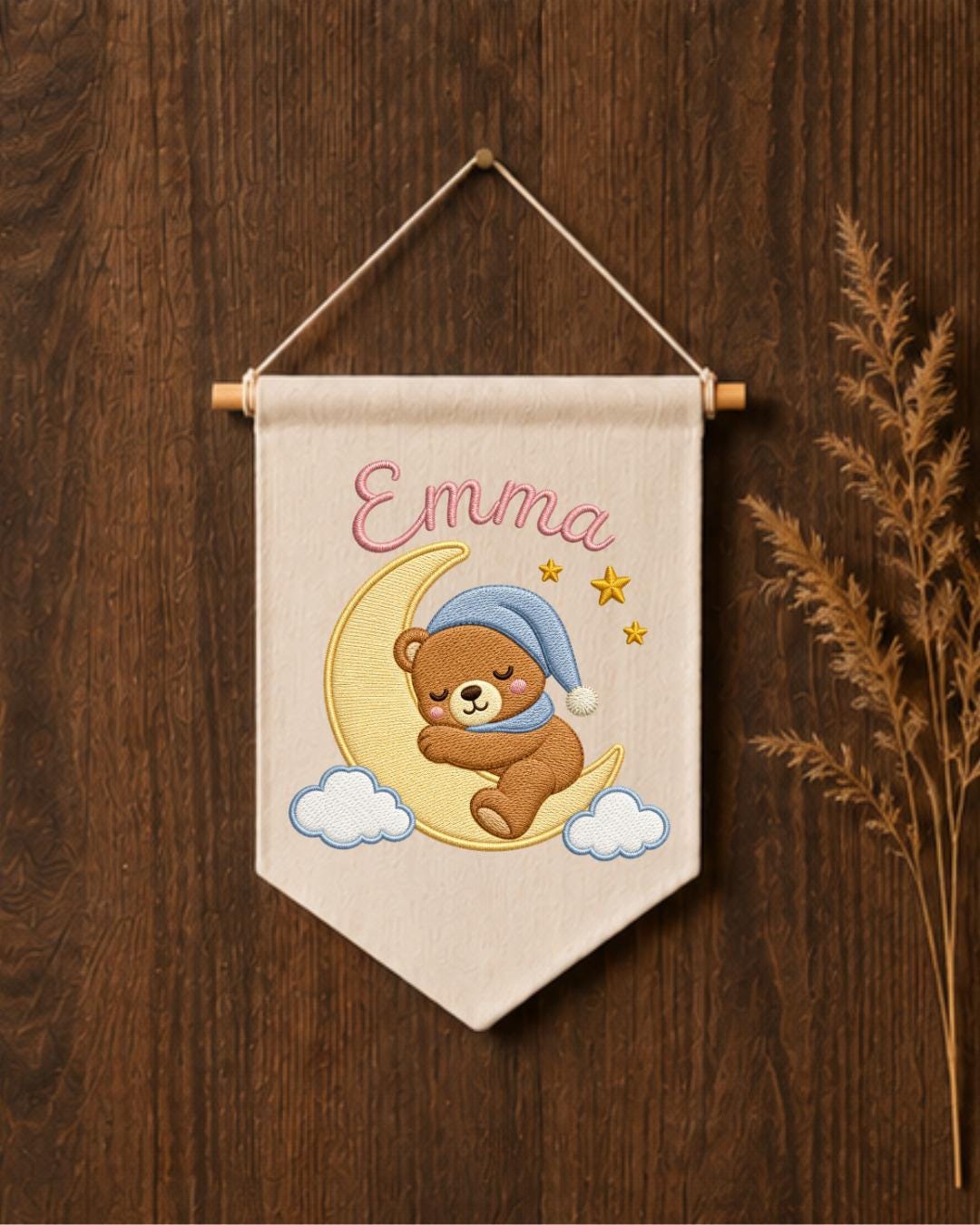 Personalized Bear Nursery Wall Hanging, Custom Name Embroidered Banner, Sleeping Bear Moon Nursery Decor, Baby Girl Room Gift