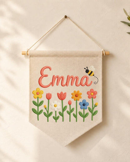 Personalized Floral Nursery Wall Hanging, Custom Name Embroidered Banner, Flower and Bee Baby Girl Room Decor, Spring Nursery Gift