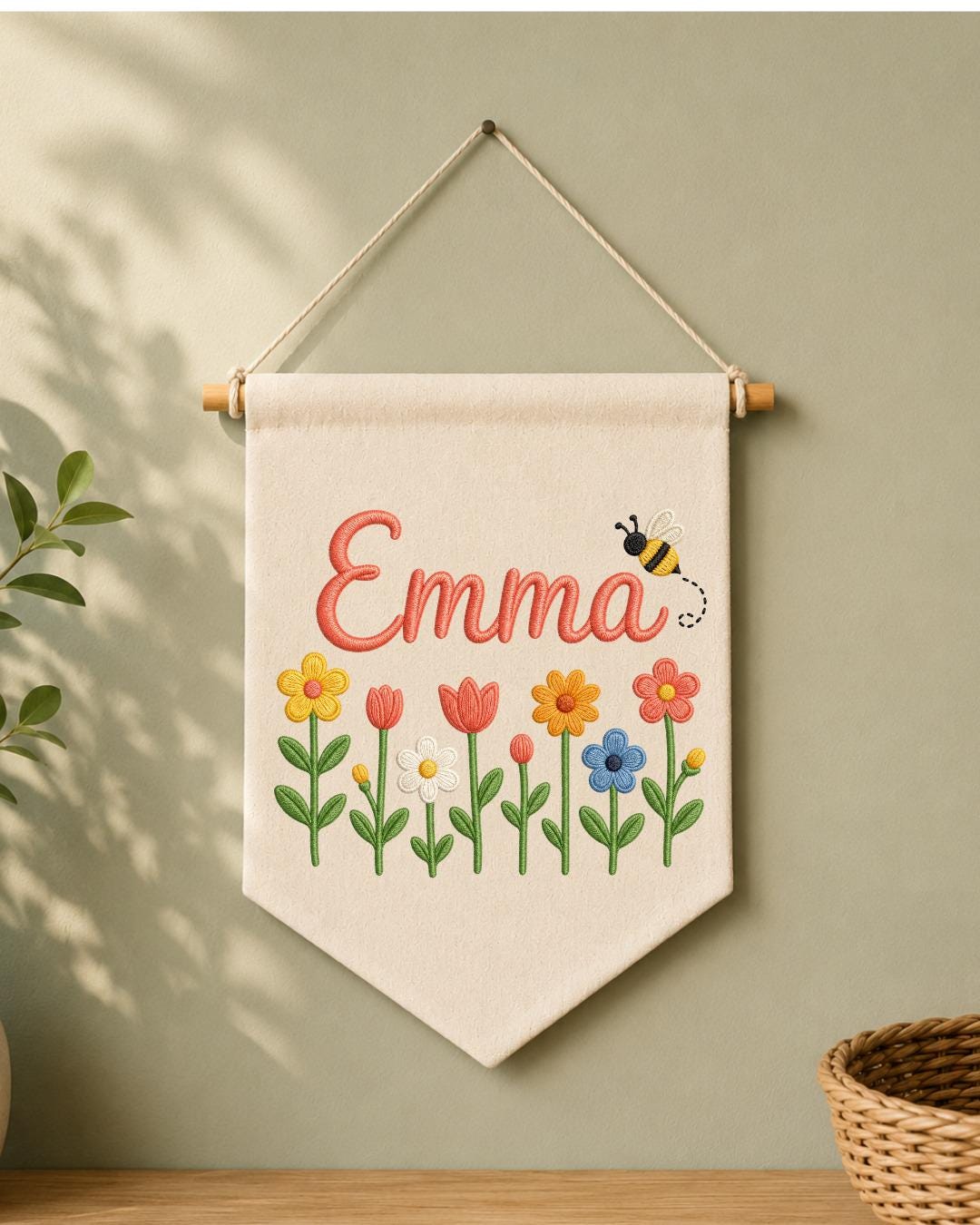 Personalized Floral Nursery Wall Hanging, Custom Name Embroidered Banner, Flower and Bee Baby Girl Room Decor, Spring Nursery Gift