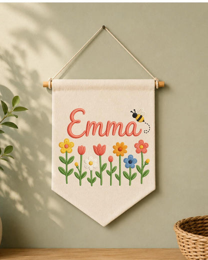 Personalized Floral Nursery Wall Hanging, Custom Name Embroidered Banner, Flower and Bee Baby Girl Room Decor, Spring Nursery Gift
