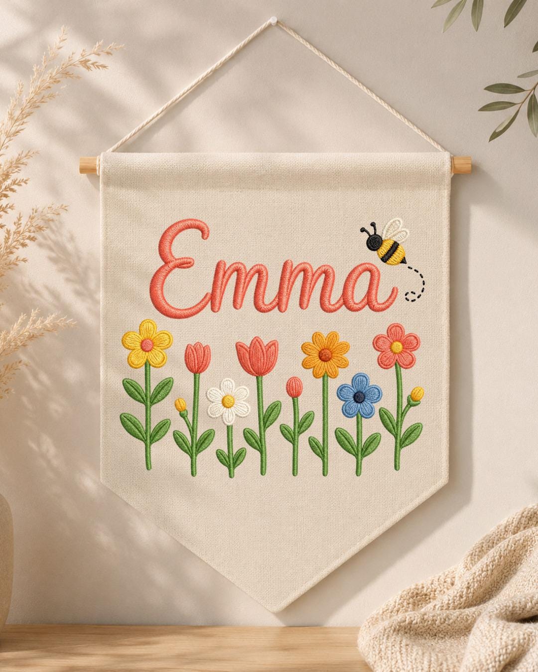 Personalized Floral Nursery Wall Hanging, Custom Name Embroidered Banner, Flower and Bee Baby Girl Room Decor, Spring Nursery Gift