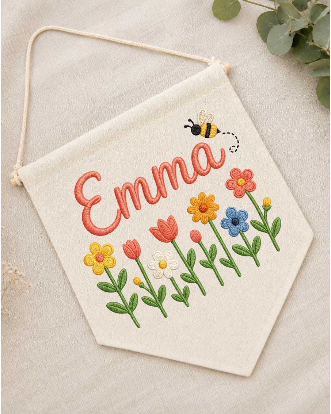 Personalized Floral Nursery Wall Hanging, Custom Name Embroidered Banner, Flower and Bee Baby Girl Room Decor, Spring Nursery Gift