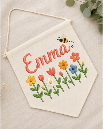 Personalized Floral Nursery Wall Hanging, Custom Name Embroidered Banner, Flower and Bee Baby Girl Room Decor, Spring Nursery Gift
