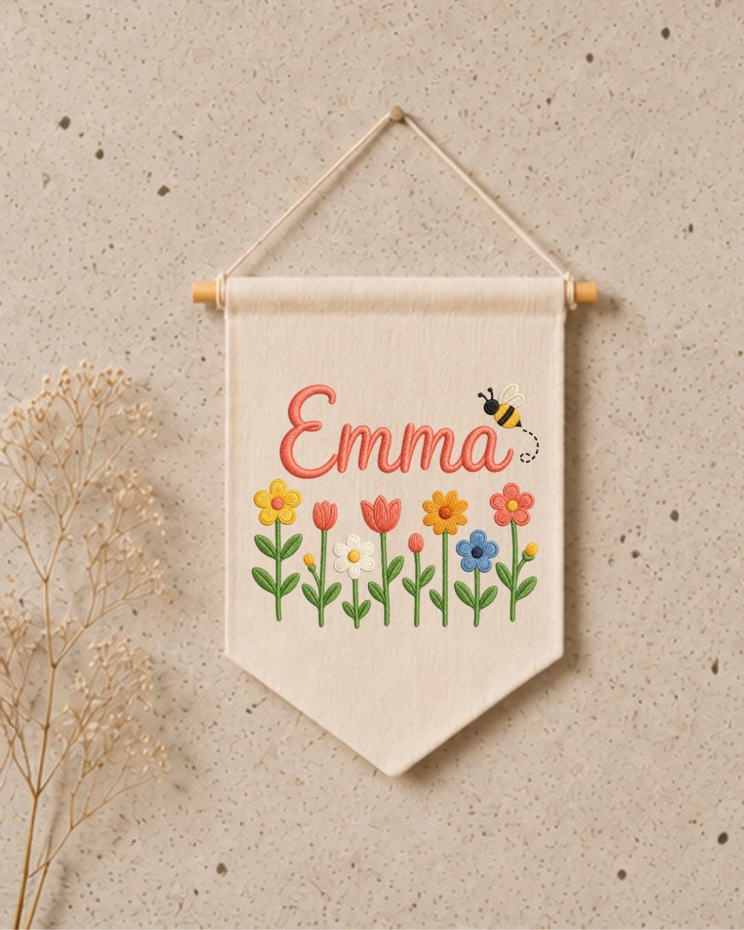 Personalized Floral Nursery Wall Hanging, Custom Name Embroidered Banner, Flower and Bee Baby Girl Room Decor, Spring Nursery Gift