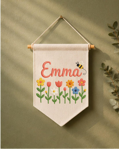 Personalized Floral Nursery Wall Hanging, Custom Name Embroidered Banner, Flower and Bee Baby Girl Room Decor, Spring Nursery Gift
