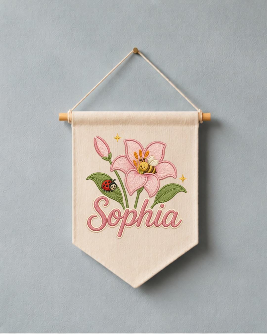 Personalized Floral Nursery Wall Hanging, Custom Name Embroidered Banner, Pink Lily Bee Baby Girl Room Decor, Garden Nursery Gift