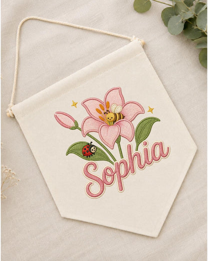 Personalized Floral Nursery Wall Hanging, Custom Name Embroidered Banner, Pink Lily Bee Baby Girl Room Decor, Garden Nursery Gift