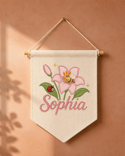 Personalized Floral Nursery Wall Hanging, Custom Name Embroidered Banner, Pink Lily Bee Baby Girl Room Decor, Garden Nursery Gift
