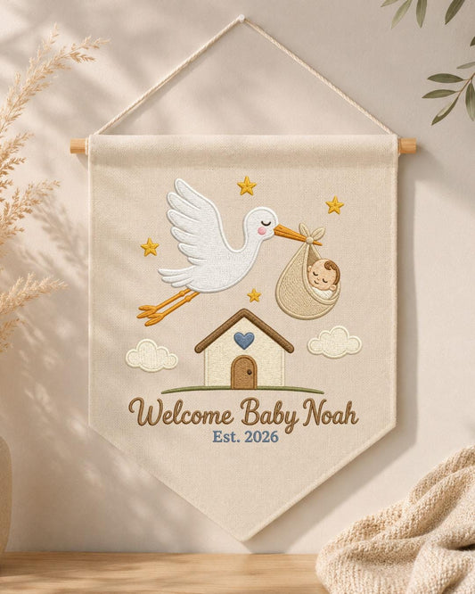 Personalized Stork Baby Wall Hanging, Custom Name Embroidered Banner, Welcome Baby Nursery Decor, Newborn Birth Announcement Gift