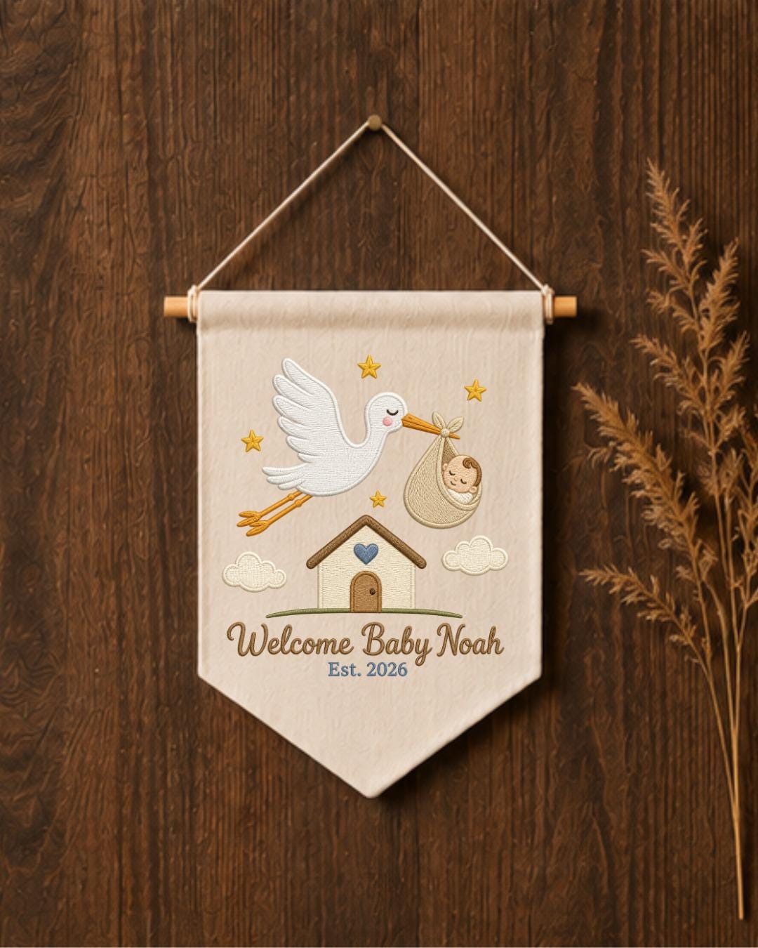 Personalized Stork Baby Wall Hanging, Custom Name Embroidered Banner, Welcome Baby Nursery Decor, Newborn Birth Announcement Gift
