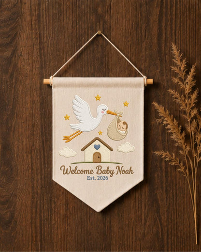 Personalized Stork Baby Wall Hanging, Custom Name Embroidered Banner, Welcome Baby Nursery Decor, Newborn Birth Announcement Gift