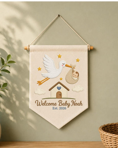 Personalized Stork Baby Wall Hanging, Custom Name Embroidered Banner, Welcome Baby Nursery Decor, Newborn Birth Announcement Gift