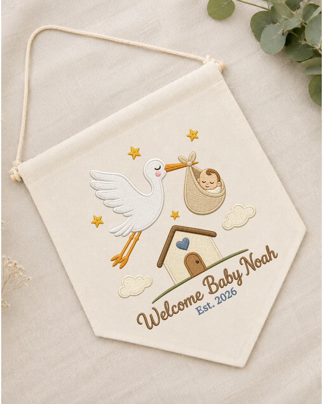 Personalized Stork Baby Wall Hanging, Custom Name Embroidered Banner, Welcome Baby Nursery Decor, Newborn Birth Announcement Gift