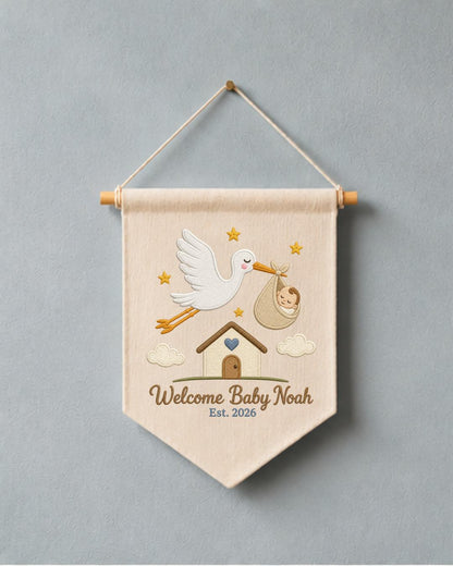 Personalized Stork Baby Wall Hanging, Custom Name Embroidered Banner, Welcome Baby Nursery Decor, Newborn Birth Announcement Gift