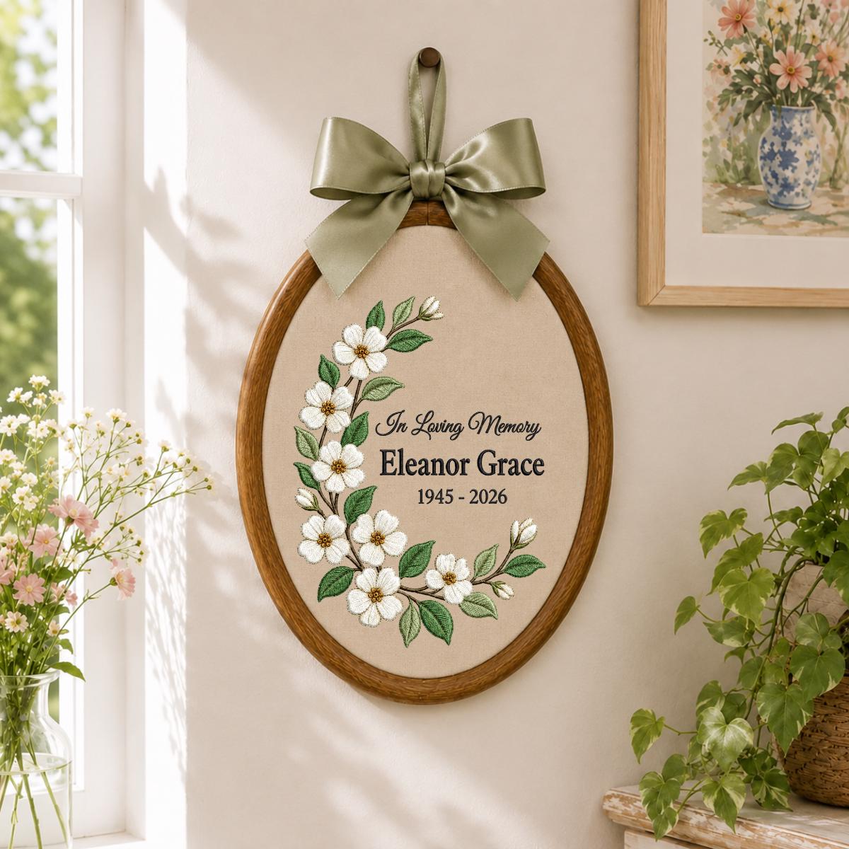 Personalized In Loving Memory Floral Round Hoop Decor, Custom Name Embroidered Blue Gingham Memorial Sign, Sympathy Loss of Mom Gift