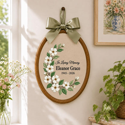 Personalized In Loving Memory Floral Round Hoop Decor, Custom Name Embroidered Blue Gingham Memorial Sign, Sympathy Loss of Mom Gift