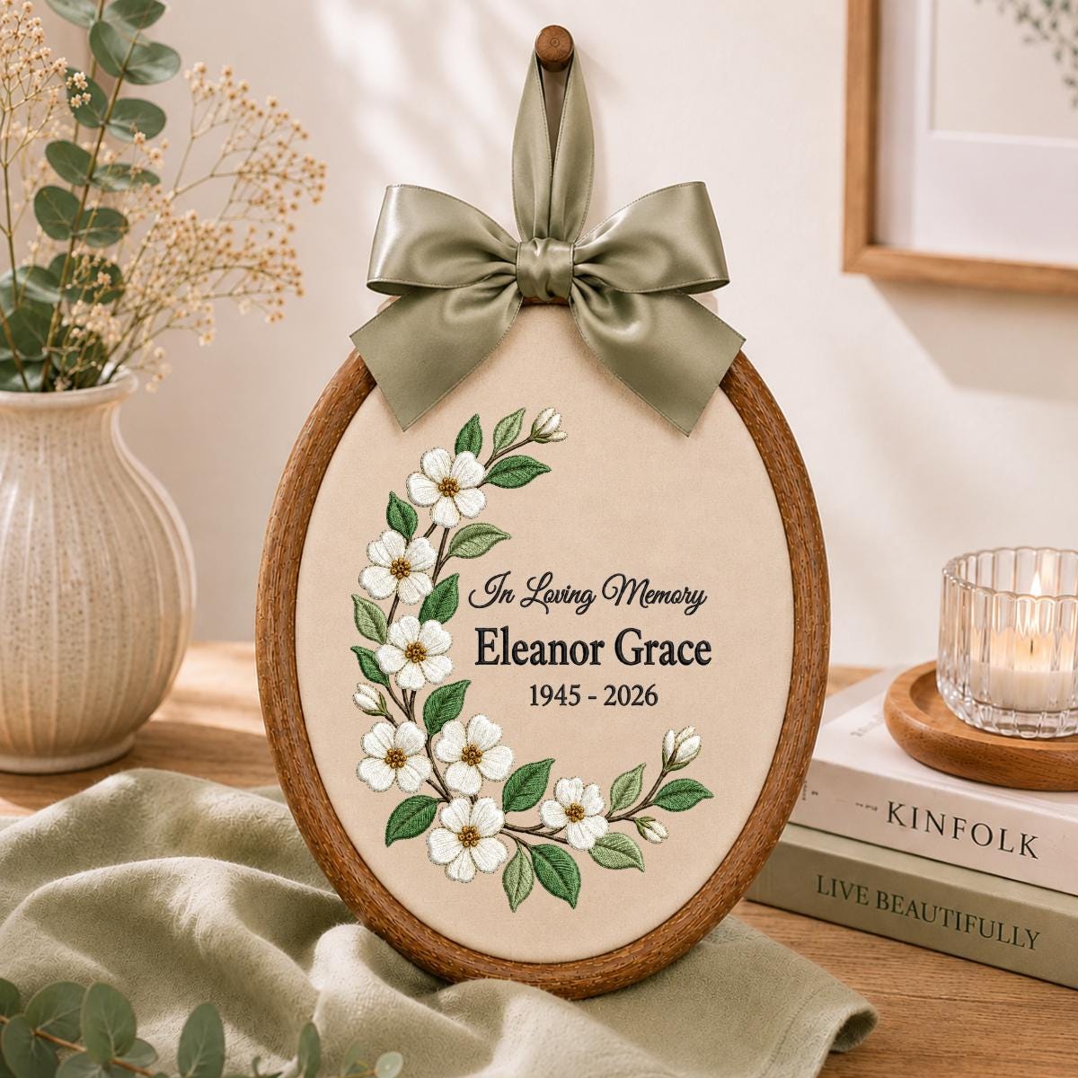 Personalized In Loving Memory Floral Round Hoop Decor, Custom Name Embroidered Blue Gingham Memorial Sign, Sympathy Loss of Mom Gift