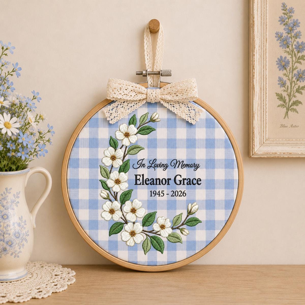 Personalized In Loving Memory Floral Round Hoop Decor, Custom Name Embroidered Blue Gingham Memorial Sign, Sympathy Loss of Mom Gift