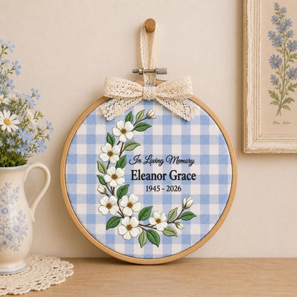 Personalized In Loving Memory Floral Round Hoop Decor, Custom Name Embroidered Blue Gingham Memorial Sign, Sympathy Loss of Mom Gift