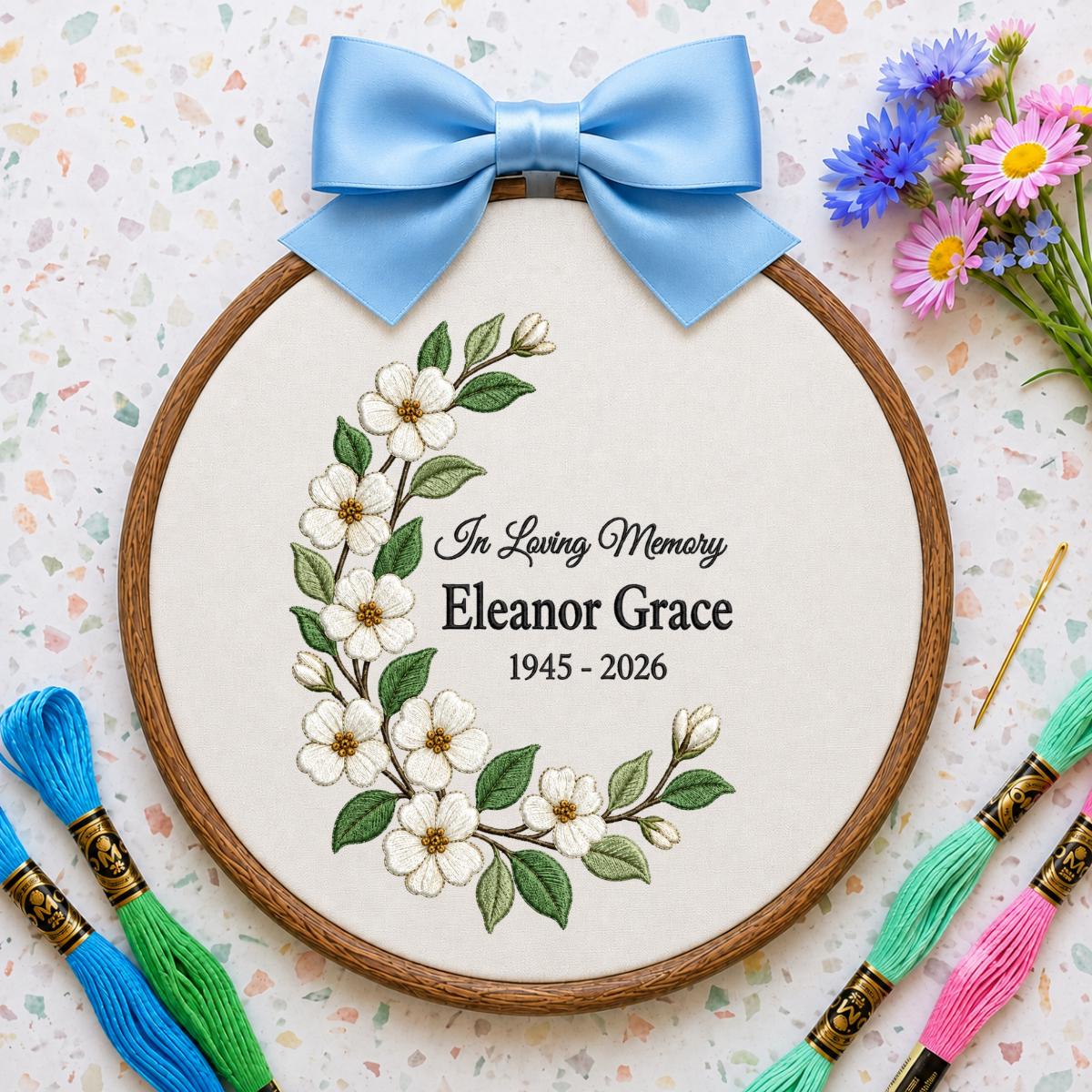 Personalized In Loving Memory Floral Round Hoop Decor, Custom Name Embroidered Blue Gingham Memorial Sign, Sympathy Loss of Mom Gift