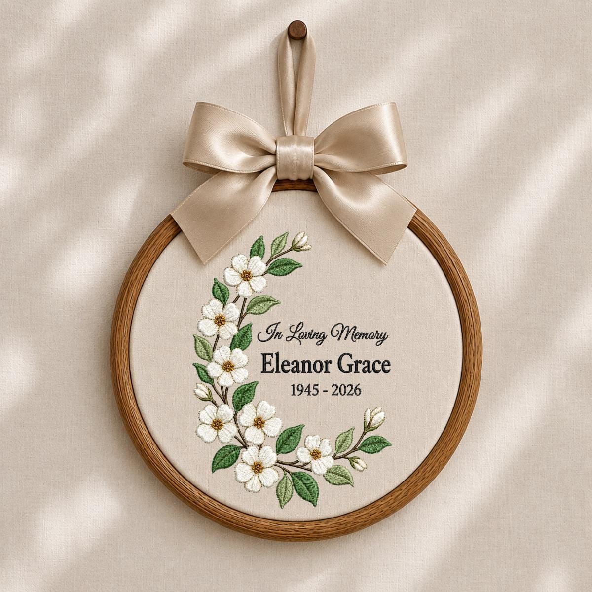 Personalized In Loving Memory Floral Round Hoop Decor, Custom Name Embroidered Blue Gingham Memorial Sign, Sympathy Loss of Mom Gift
