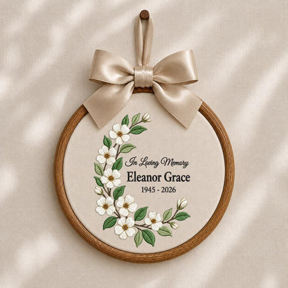 Personalized In Loving Memory Floral Round Hoop Decor, Custom Name Embroidered Blue Gingham Memorial Sign, Sympathy Loss of Mom Gift