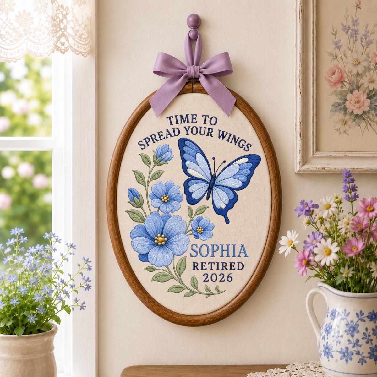 Personalized Time to Spread Your Wings Retired 2026 Hoop Decor, Custom Name Embroidered Blue Butterfly Floral Retirement Wall Sign