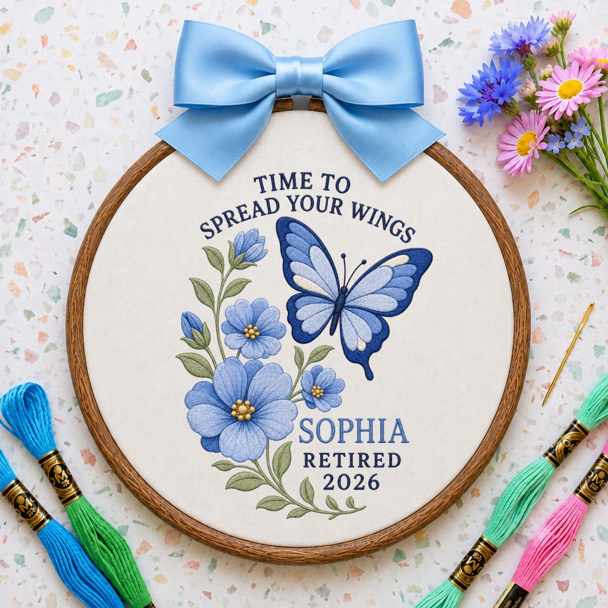 Personalized Time to Spread Your Wings Retired 2026 Hoop Decor, Custom Name Embroidered Blue Butterfly Floral Retirement Wall Sign
