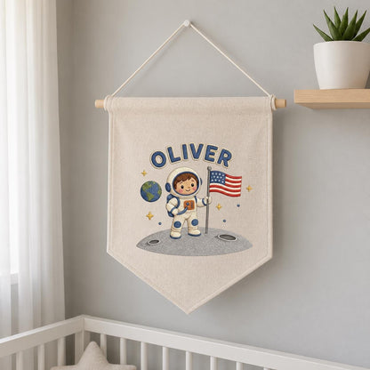 Personalized Astronaut Linen Banner, Custom Name Embroidered Wall Hanging