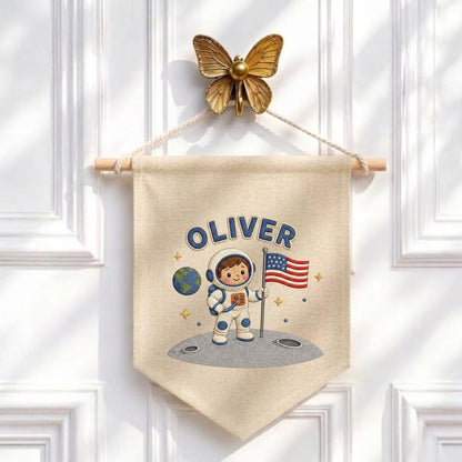Personalized Astronaut Linen Banner, Custom Name Embroidered Wall Hanging