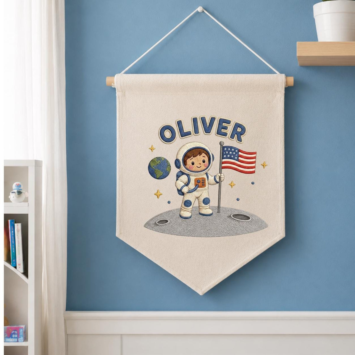 Personalized Astronaut Linen Banner, Custom Name Embroidered Wall Hanging