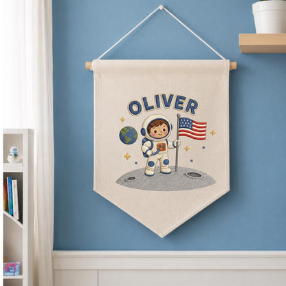 Personalized Astronaut Linen Banner, Custom Name Embroidered Wall Hanging